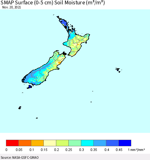New Zealand SMAP Surface (0-5 cm) Soil Moisture (m³/m³) Thematic Map For 11/16/2021 - 11/20/2021
