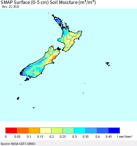 New Zealand SMAP Surface (0-5 cm) Soil Moisture (m³/m³) Thematic Map For 11/21/2021 - 11/25/2021