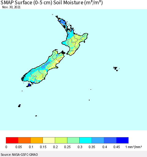 New Zealand SMAP Surface (0-5 cm) Soil Moisture (m³/m³) Thematic Map For 11/26/2021 - 11/30/2021