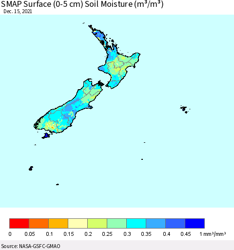 New Zealand SMAP Surface (0-5 cm) Soil Moisture (m³/m³) Thematic Map For 12/11/2021 - 12/15/2021