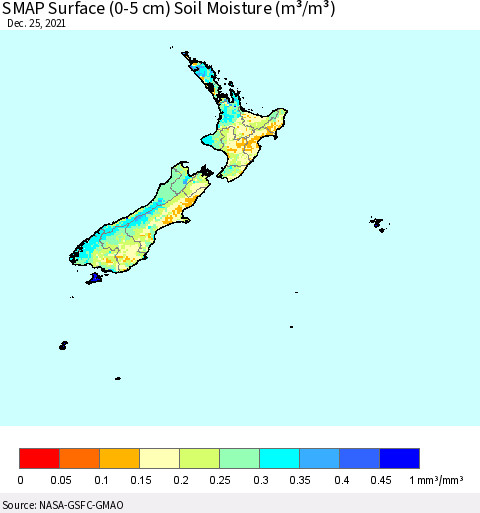 New Zealand SMAP Surface (0-5 cm) Soil Moisture (m³/m³) Thematic Map For 12/21/2021 - 12/25/2021