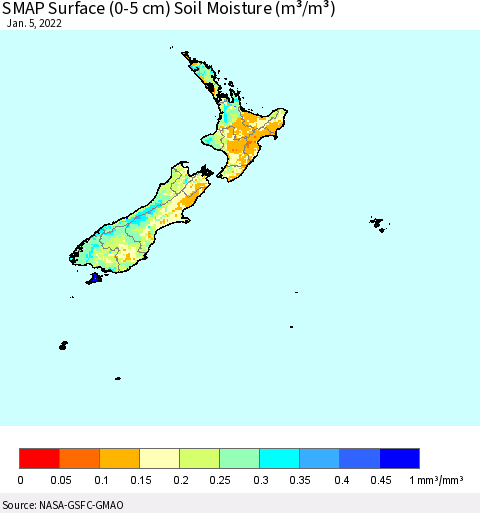 New Zealand SMAP Surface (0-5 cm) Soil Moisture (m³/m³) Thematic Map For 1/1/2022 - 1/5/2022
