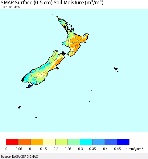 New Zealand SMAP Surface (0-5 cm) Soil Moisture (m³/m³) Thematic Map For 1/6/2022 - 1/10/2022