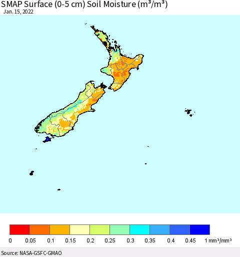 New Zealand SMAP Surface (0-5 cm) Soil Moisture (m³/m³) Thematic Map For 1/11/2022 - 1/15/2022