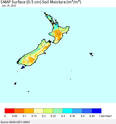 New Zealand SMAP Surface (0-5 cm) Soil Moisture (m³/m³) Thematic Map For 1/21/2022 - 1/25/2022