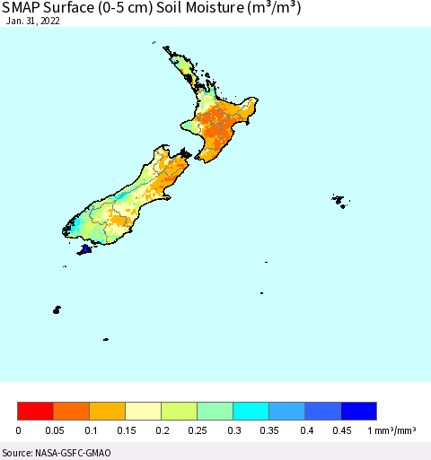 New Zealand SMAP Surface (0-5 cm) Soil Moisture (m³/m³) Thematic Map For 1/26/2022 - 1/31/2022