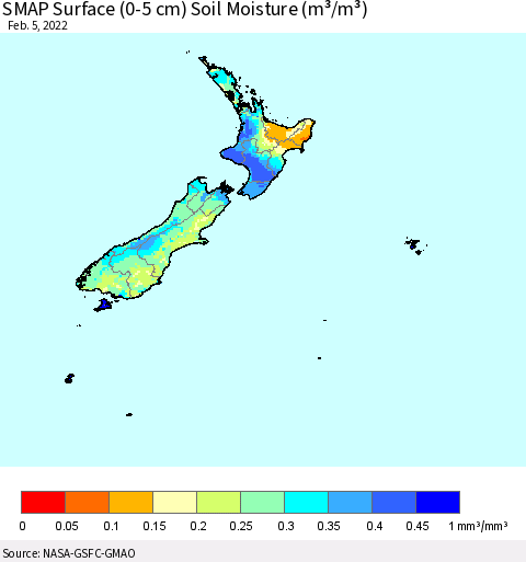 New Zealand SMAP Surface (0-5 cm) Soil Moisture (m³/m³) Thematic Map For 2/1/2022 - 2/5/2022
