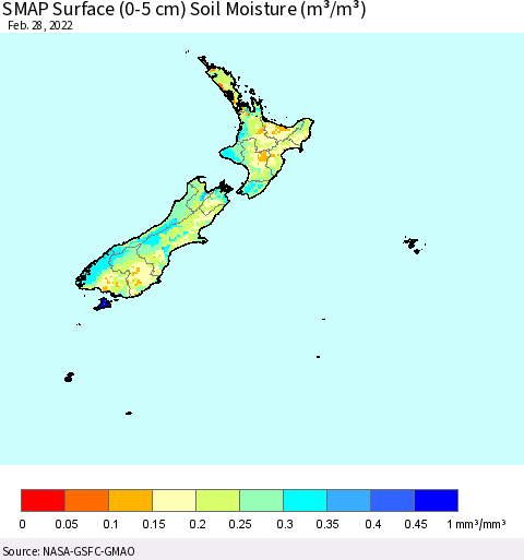 New Zealand SMAP Surface (0-5 cm) Soil Moisture (m³/m³) Thematic Map For 2/26/2022 - 2/28/2022
