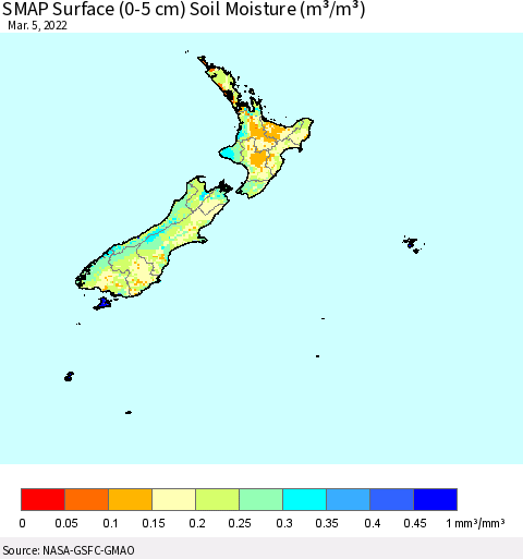 New Zealand SMAP Surface (0-5 cm) Soil Moisture (m³/m³) Thematic Map For 3/1/2022 - 3/5/2022