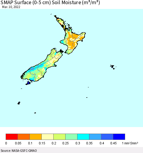 New Zealand SMAP Surface (0-5 cm) Soil Moisture (m³/m³) Thematic Map For 3/6/2022 - 3/10/2022