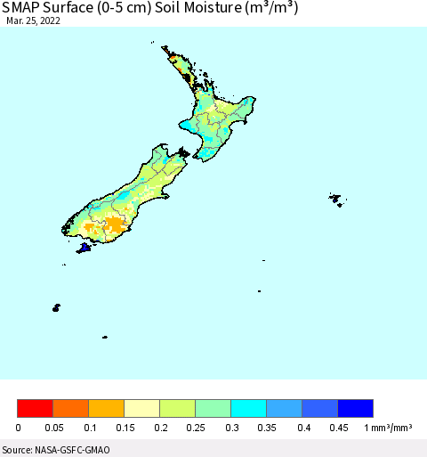 New Zealand SMAP Surface (0-5 cm) Soil Moisture (m³/m³) Thematic Map For 3/21/2022 - 3/25/2022
