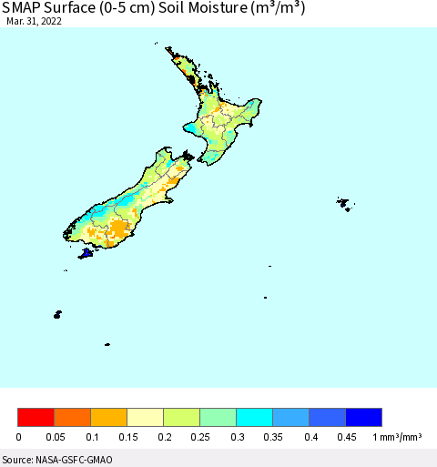 New Zealand SMAP Surface (0-5 cm) Soil Moisture (m³/m³) Thematic Map For 3/26/2022 - 3/31/2022