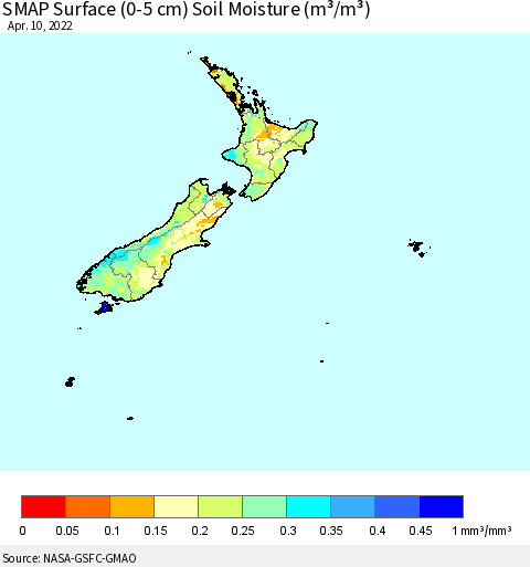 New Zealand SMAP Surface (0-5 cm) Soil Moisture (m³/m³) Thematic Map For 4/6/2022 - 4/10/2022
