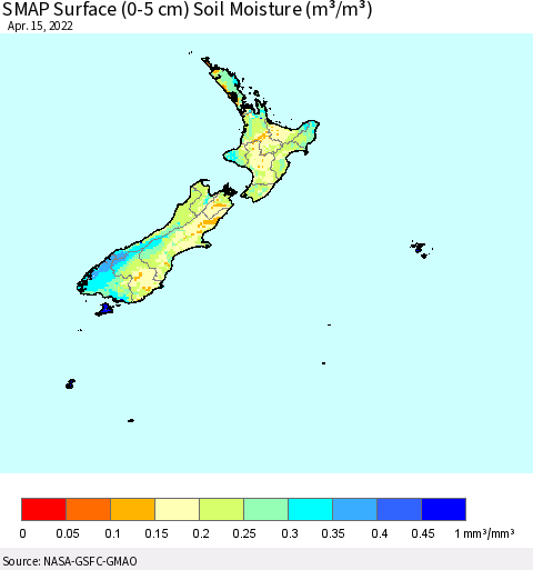 New Zealand SMAP Surface (0-5 cm) Soil Moisture (m³/m³) Thematic Map For 4/11/2022 - 4/15/2022