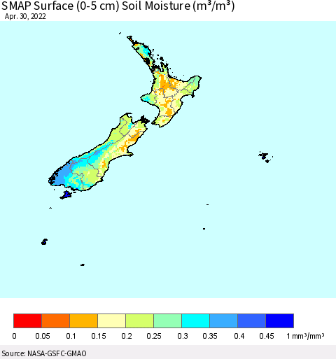 New Zealand SMAP Surface (0-5 cm) Soil Moisture (m³/m³) Thematic Map For 4/26/2022 - 4/30/2022