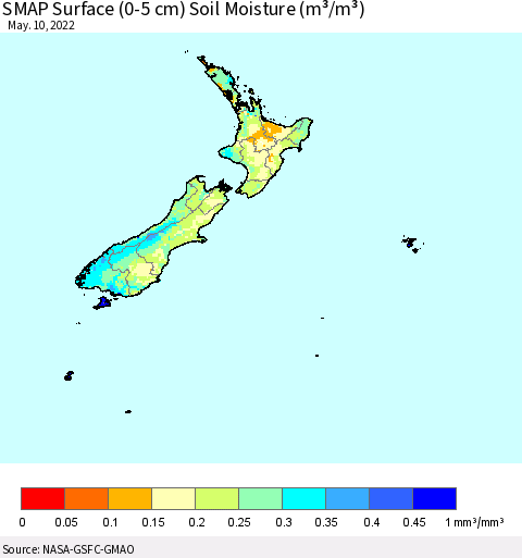 New Zealand SMAP Surface (0-5 cm) Soil Moisture (m³/m³) Thematic Map For 5/6/2022 - 5/10/2022