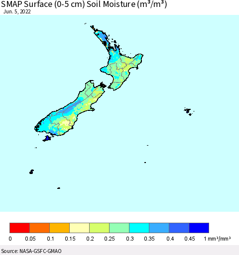 New Zealand SMAP Surface (0-5 cm) Soil Moisture (m³/m³) Thematic Map For 6/1/2022 - 6/5/2022