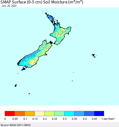 New Zealand SMAP Surface (0-5 cm) Soil Moisture (m³/m³) Thematic Map For 6/16/2022 - 6/20/2022