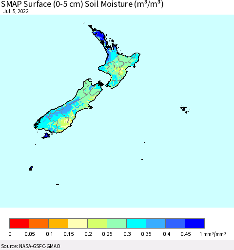 New Zealand SMAP Surface (0-5 cm) Soil Moisture (m³/m³) Thematic Map For 7/1/2022 - 7/5/2022