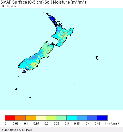 New Zealand SMAP Surface (0-5 cm) Soil Moisture (m³/m³) Thematic Map For 7/6/2022 - 7/10/2022