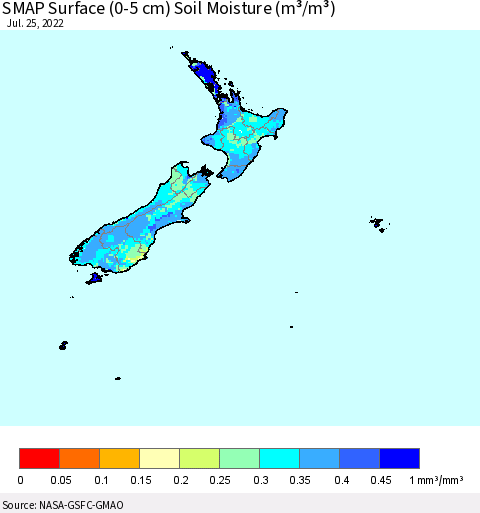 New Zealand SMAP Surface (0-5 cm) Soil Moisture (m³/m³) Thematic Map For 7/21/2022 - 7/25/2022