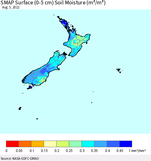 New Zealand SMAP Surface (0-5 cm) Soil Moisture (m³/m³) Thematic Map For 8/1/2022 - 8/5/2022