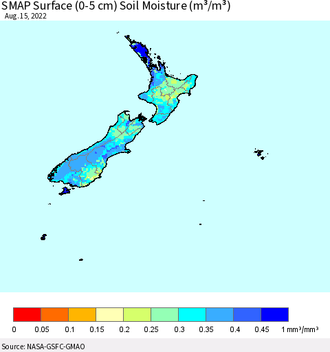 New Zealand SMAP Surface (0-5 cm) Soil Moisture (m³/m³) Thematic Map For 8/11/2022 - 8/15/2022