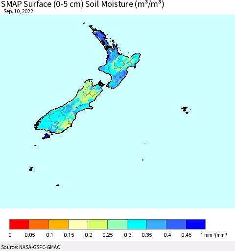 New Zealand SMAP Surface (0-5 cm) Soil Moisture (m³/m³) Thematic Map For 9/6/2022 - 9/10/2022