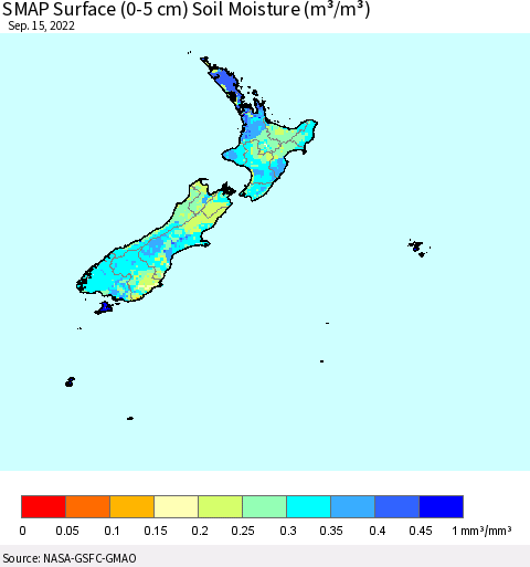 New Zealand SMAP Surface (0-5 cm) Soil Moisture (m³/m³) Thematic Map For 9/11/2022 - 9/15/2022