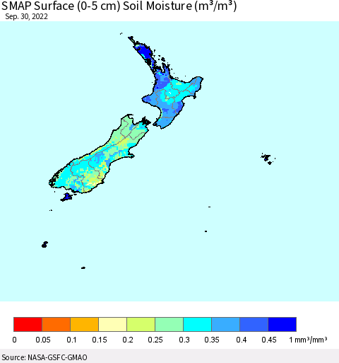 New Zealand SMAP Surface (0-5 cm) Soil Moisture (m³/m³) Thematic Map For 9/26/2022 - 9/30/2022