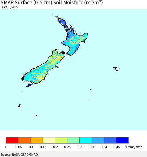 New Zealand SMAP Surface (0-5 cm) Soil Moisture (m³/m³) Thematic Map For 10/1/2022 - 10/5/2022