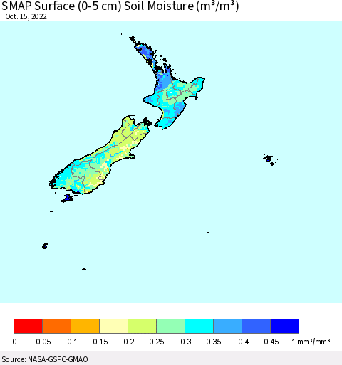 New Zealand SMAP Surface (0-5 cm) Soil Moisture (m³/m³) Thematic Map For 10/11/2022 - 10/15/2022