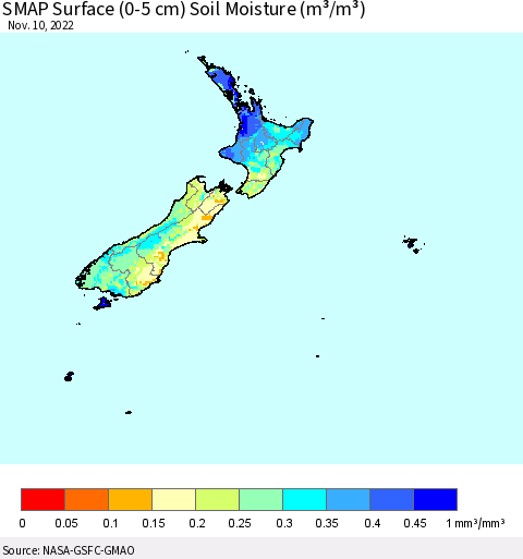 New Zealand SMAP Surface (0-5 cm) Soil Moisture (m³/m³) Thematic Map For 11/6/2022 - 11/10/2022