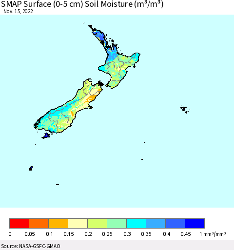 New Zealand SMAP Surface (0-5 cm) Soil Moisture (m³/m³) Thematic Map For 11/11/2022 - 11/15/2022