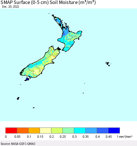 New Zealand SMAP Surface (0-5 cm) Soil Moisture (m³/m³) Thematic Map For 12/16/2022 - 12/20/2022