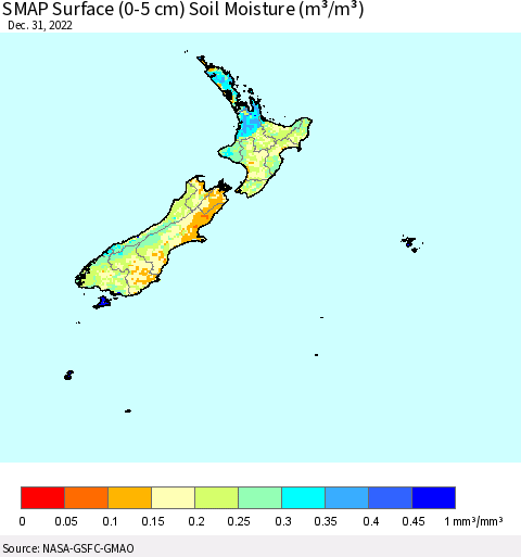 New Zealand SMAP Surface (0-5 cm) Soil Moisture (m³/m³) Thematic Map For 12/26/2022 - 12/31/2022