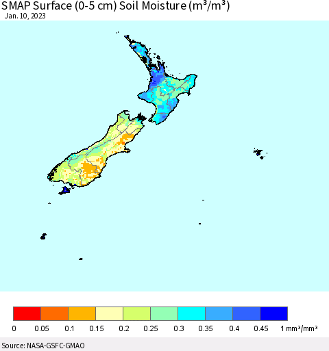 New Zealand SMAP Surface (0-5 cm) Soil Moisture (m³/m³) Thematic Map For 1/6/2023 - 1/10/2023