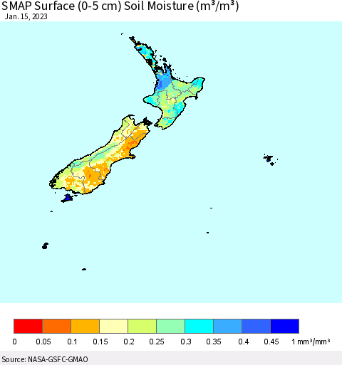 New Zealand SMAP Surface (0-5 cm) Soil Moisture (m³/m³) Thematic Map For 1/11/2023 - 1/15/2023