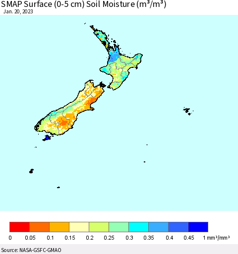 New Zealand SMAP Surface (0-5 cm) Soil Moisture (m³/m³) Thematic Map For 1/16/2023 - 1/20/2023