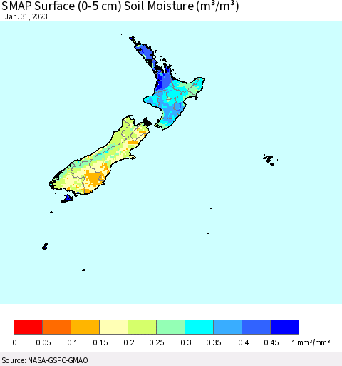 New Zealand SMAP Surface (0-5 cm) Soil Moisture (m³/m³) Thematic Map For 1/26/2023 - 1/31/2023