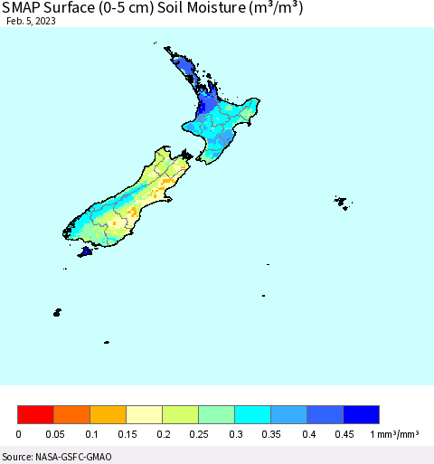 New Zealand SMAP Surface (0-5 cm) Soil Moisture (m³/m³) Thematic Map For 2/1/2023 - 2/5/2023