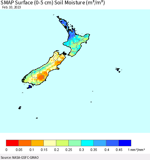 New Zealand SMAP Surface (0-5 cm) Soil Moisture (m³/m³) Thematic Map For 2/6/2023 - 2/10/2023