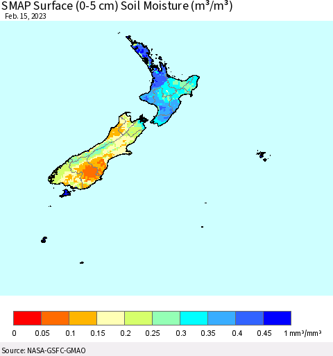 New Zealand SMAP Surface (0-5 cm) Soil Moisture (m³/m³) Thematic Map For 2/11/2023 - 2/15/2023