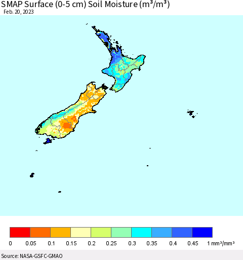New Zealand SMAP Surface (0-5 cm) Soil Moisture (m³/m³) Thematic Map For 2/16/2023 - 2/20/2023
