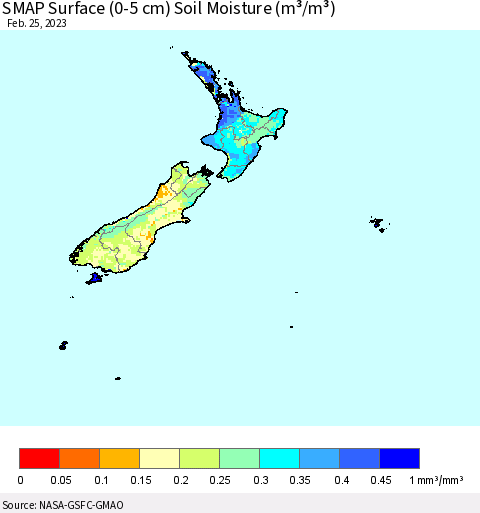 New Zealand SMAP Surface (0-5 cm) Soil Moisture (m³/m³) Thematic Map For 2/21/2023 - 2/25/2023