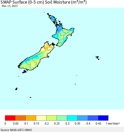 New Zealand SMAP Surface (0-5 cm) Soil Moisture (m³/m³) Thematic Map For 3/11/2023 - 3/15/2023