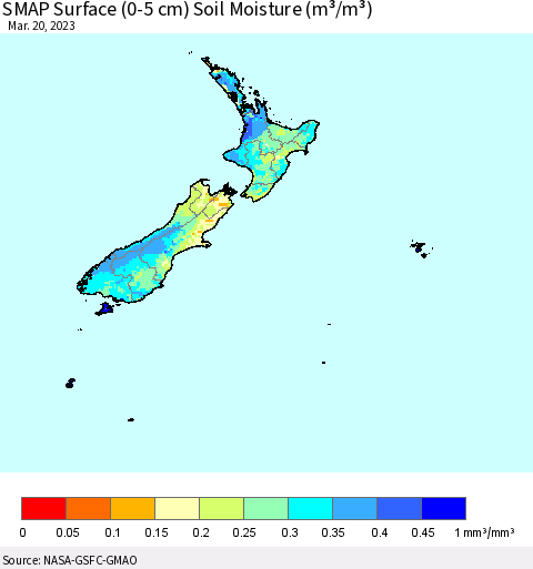 New Zealand SMAP Surface (0-5 cm) Soil Moisture (m³/m³) Thematic Map For 3/16/2023 - 3/20/2023