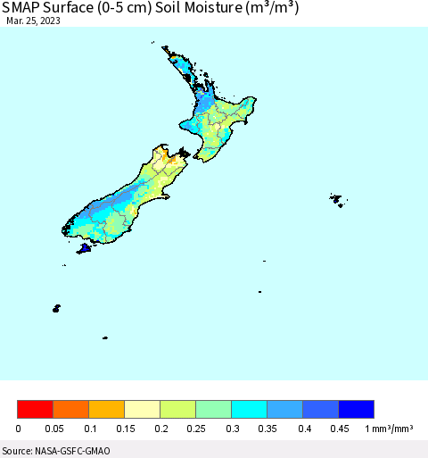 New Zealand SMAP Surface (0-5 cm) Soil Moisture (m³/m³) Thematic Map For 3/21/2023 - 3/25/2023