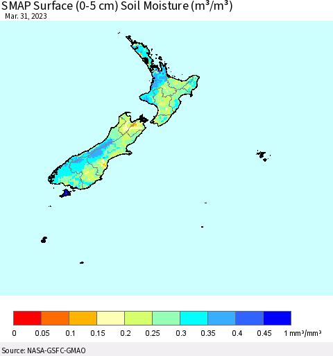 New Zealand SMAP Surface (0-5 cm) Soil Moisture (m³/m³) Thematic Map For 3/26/2023 - 3/31/2023