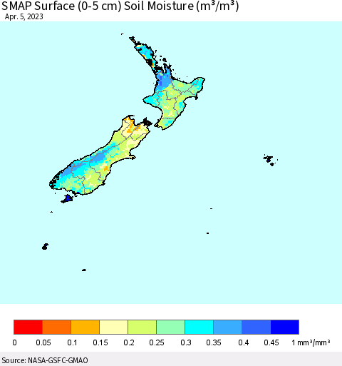 New Zealand SMAP Surface (0-5 cm) Soil Moisture (m³/m³) Thematic Map For 4/1/2023 - 4/5/2023